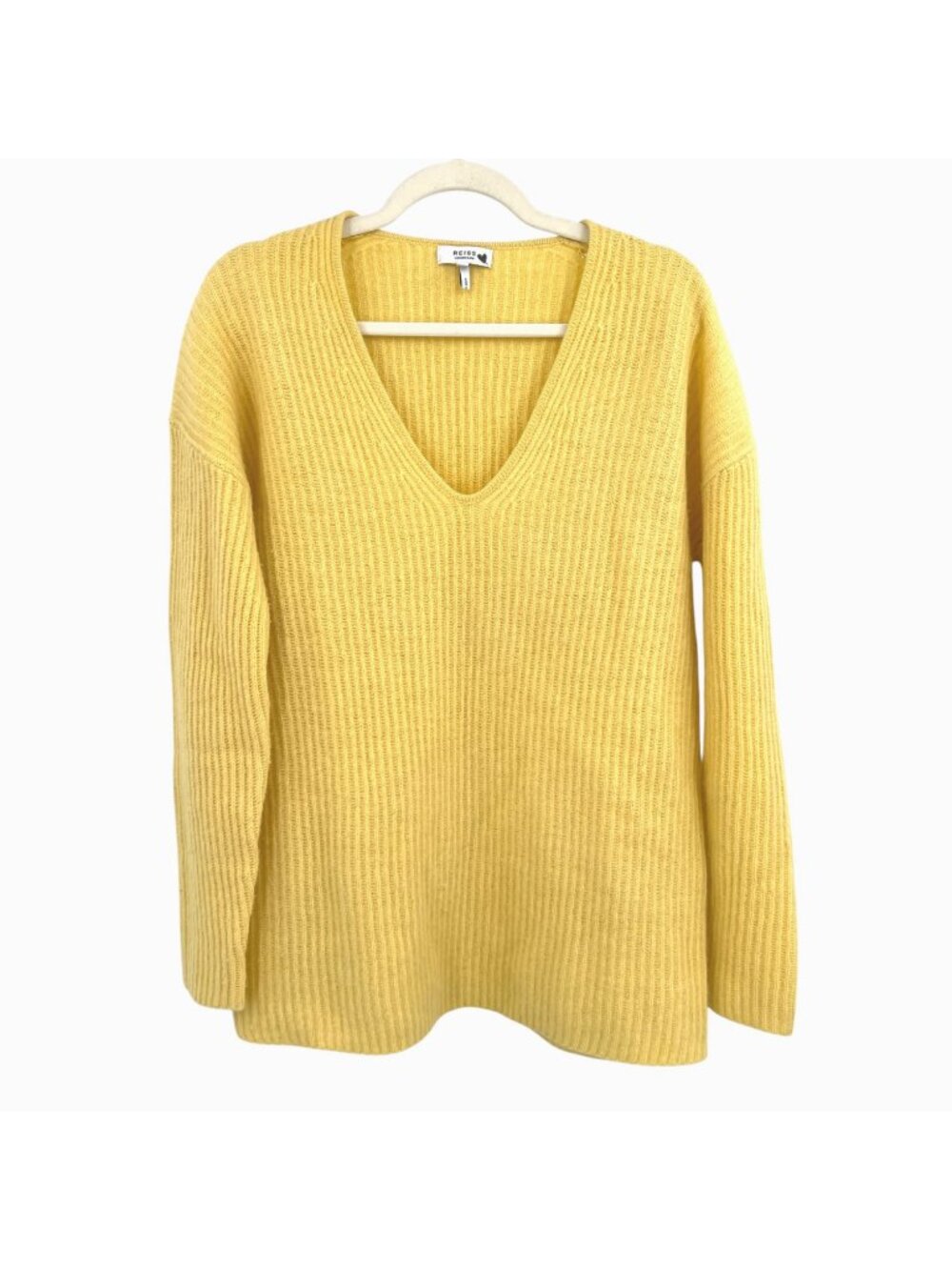Reiss Yellow Wool Cashmere Blend Ribbed V-Neck Sweater Size Small Quiet Luxury